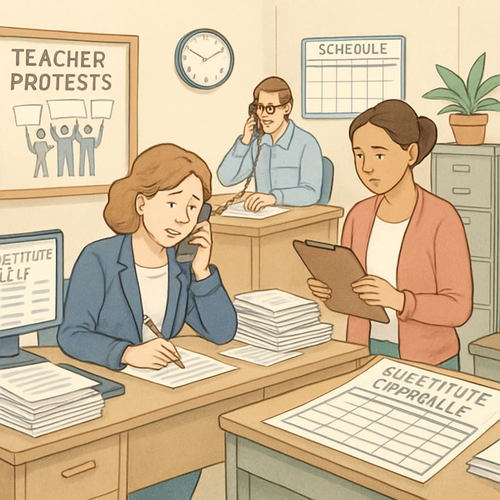 A school office struggling to manage substitute assignments, depicting the administrative challenges during teacher protests. School administrators managing substitute teacher schedules during coordinated teacher protests.