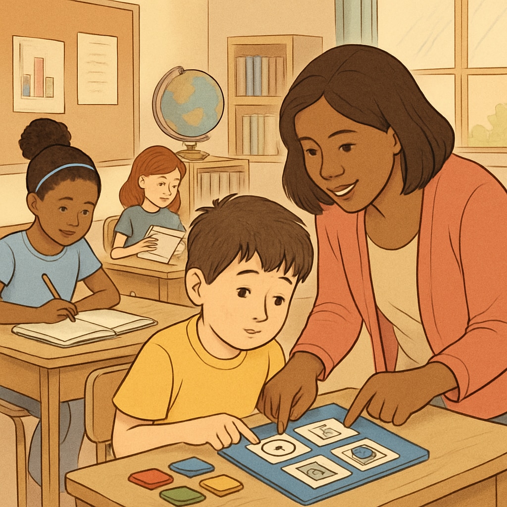A classroom with a diverse group of students, including a teacher assisting a child with autism using specialized learning tools. A teacher helping an autistic child in an inclusive classroom setting.