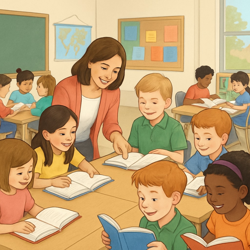 A classroom of elementary students enthusiastically reading books, with a teacher guiding them in small groups. Elementary students reading books in a classroom setting with teacher support.