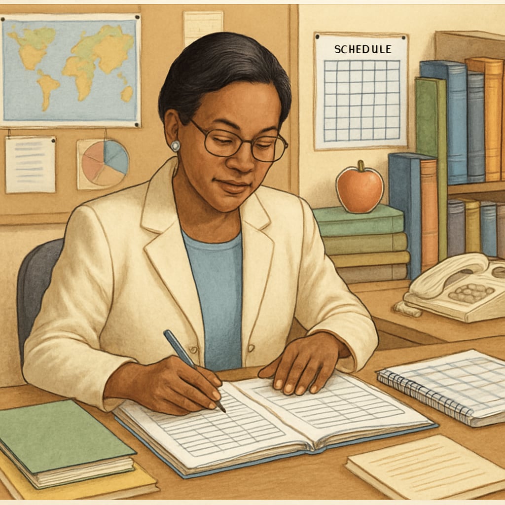 A school office administrator working at a desk with student records and schedules, showcasing the importance of administrative roles in education. School office administrator managing records, aligned with school hours and non-teaching roles.