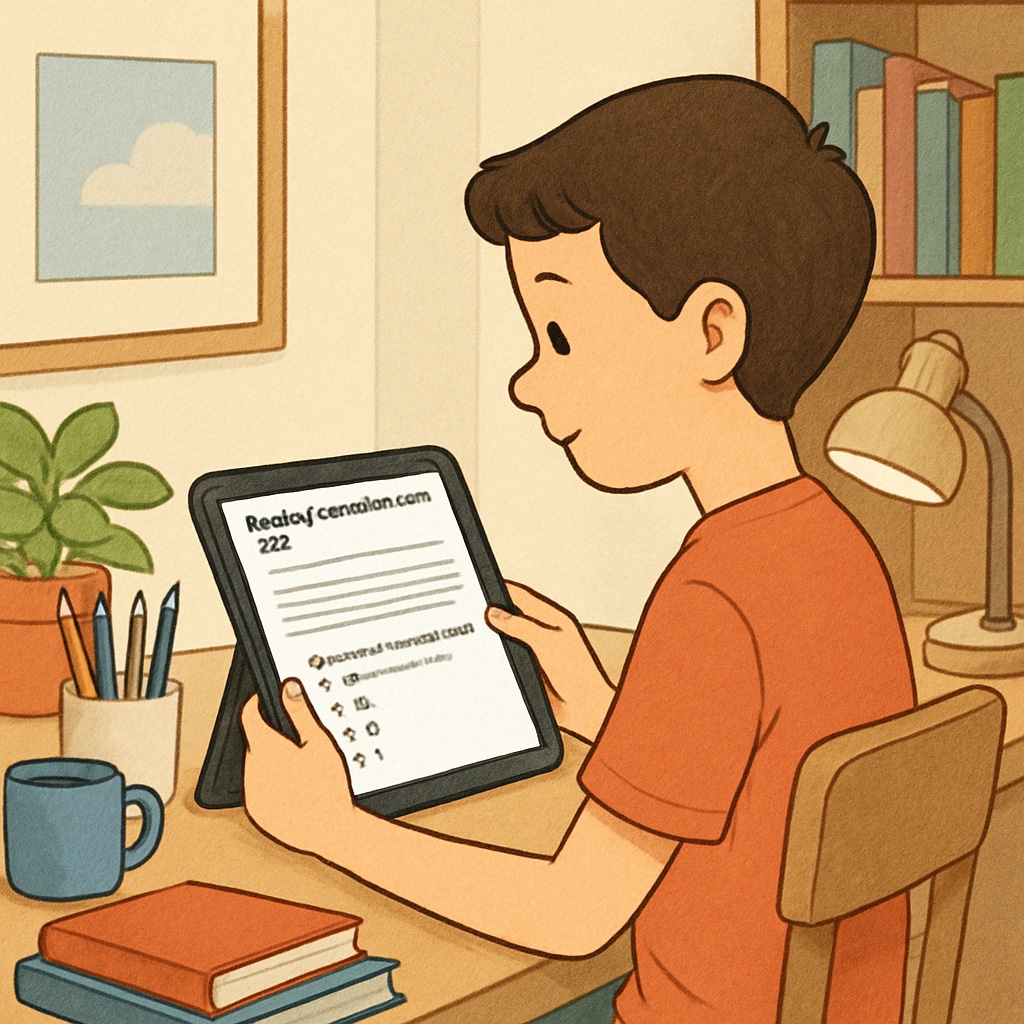 A student using a tablet to complete a reading comprehension quiz at home. A student taking a reading comprehension test on a tablet at home.