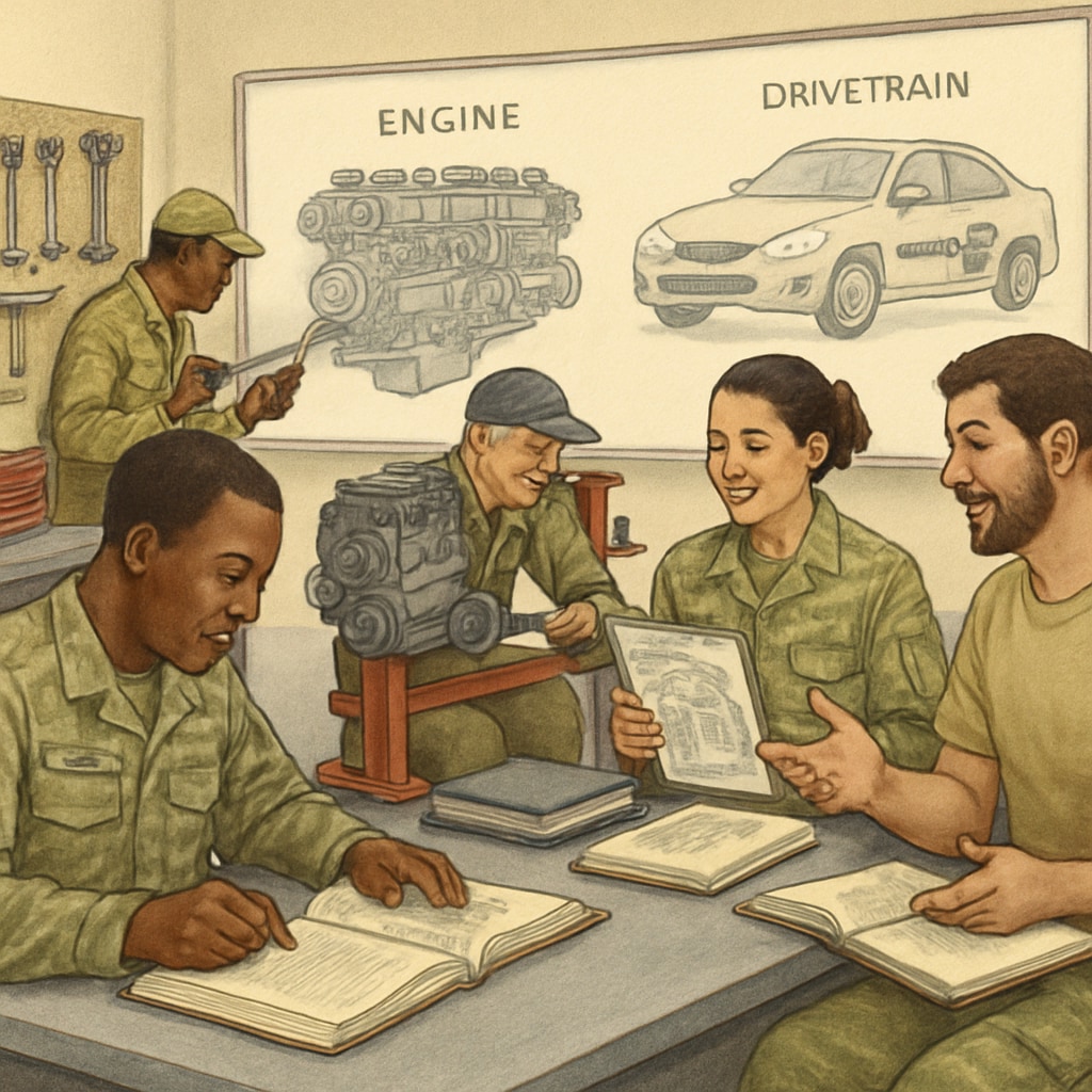Veterans studying automotive engineering in a classroom setting.