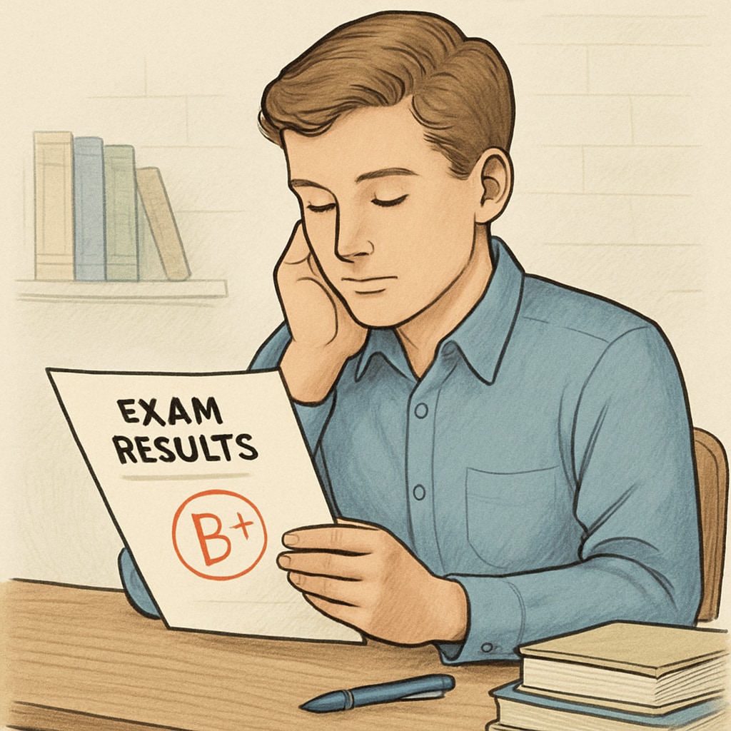 A student looking contemplative while reviewing exam results, symbolizing reflection and growth. Student reviewing GCSE results with a thoughtful expression, depicting self-reflection.
