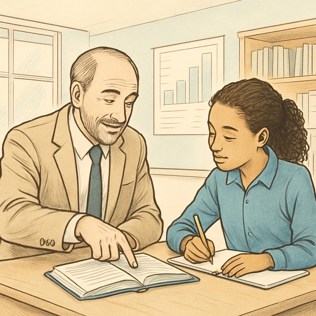 A supportive teacher or mentor discussing options with a student, representing guidance and encouragement. Teacher encouraging a student while discussing GCSE results and future options.