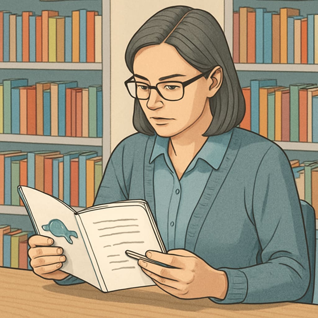 A teacher reviewing a children's book to evaluate its text complexity, with a classroom library in the background. Teacher reviewing text complexity in a classroom library setting.