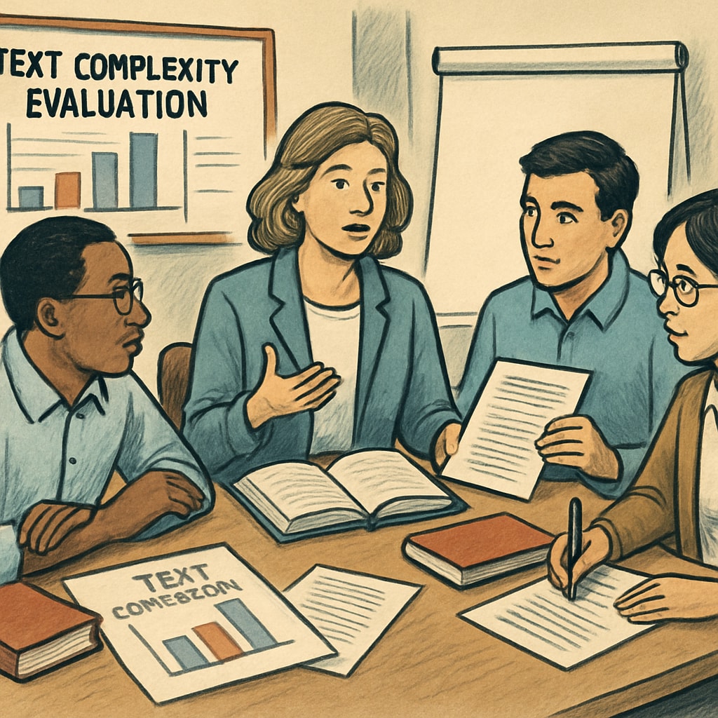 A group of educators discussing text complexity evaluation in a collaborative workshop setting. Educators collaborating on text complexity evaluation methods.