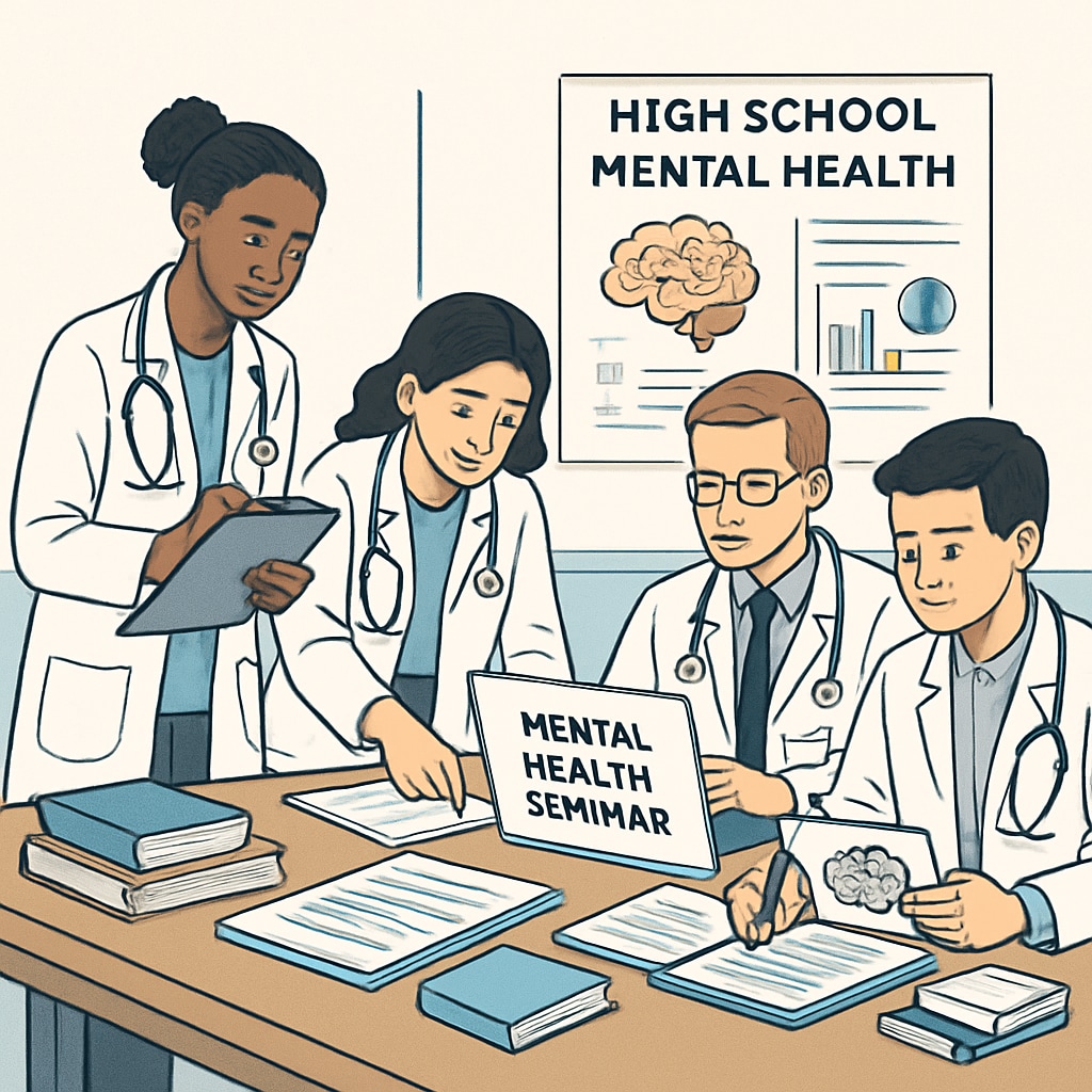 A group of medical students preparing materials for a high school mental health seminar, showing teamwork and dedication. Medical students collaborating to organize a high school mental health seminar.