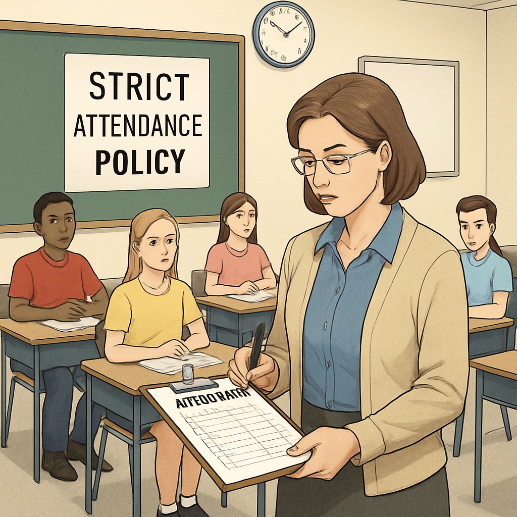 Teacher marking attendance in a classroom, representing strict attendance policies.