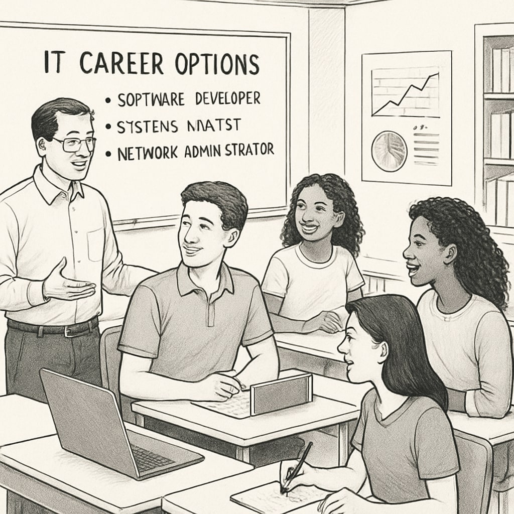 A group of students discussing IT career options in a classroom setting. Students discussing IT career planning and university major selection.
