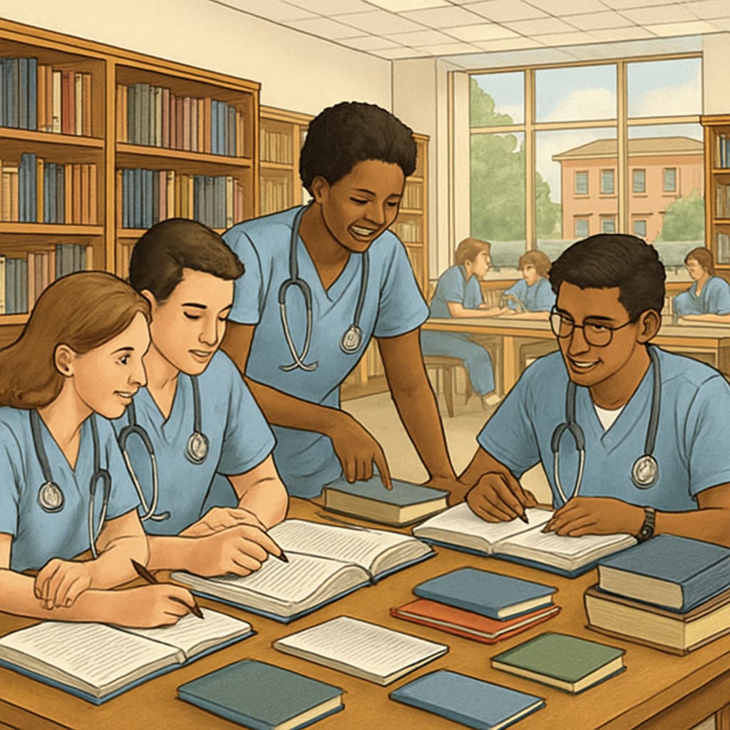 A group of nursing students studying together in a college library. The image captures academic collaboration and a vibrant campus environment. Nursing students studying together in a library, balancing academics and social life.