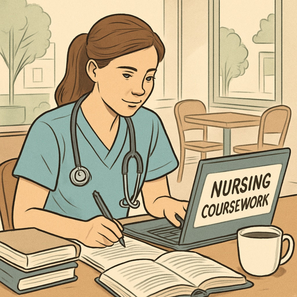A nursing student reviewing coursework on a laptop in a quiet coffee shop, symbolizing academic focus and balance. Nursing student reviewing coursework in a relaxed environment, showcasing balance.