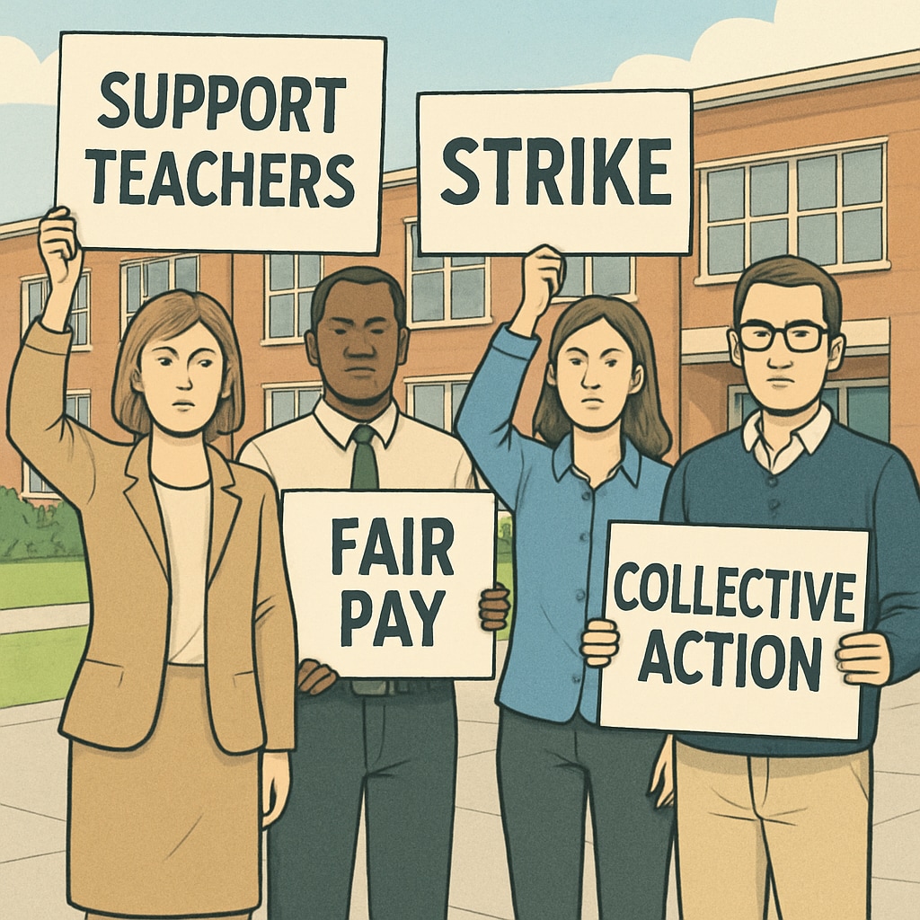 A group of teachers peacefully protesting with signs outside a school, emphasizing the concept of collective action. Teachers holding signs in a peaceful protest outside a school, illustrating collective action.