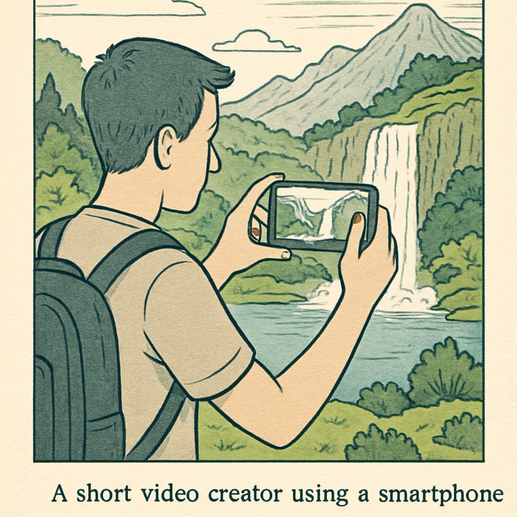 A short video creator capturing a scenic travel destination using a smartphone. Short video creator filming a travel destination.