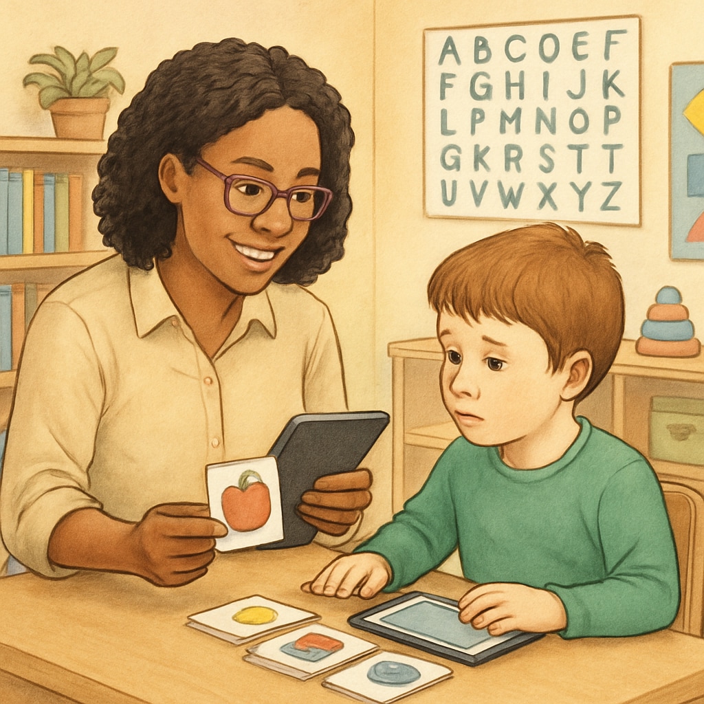 A classroom setting featuring a teacher's assistant working one-on-one with a child on the autism spectrum, using visual aids like flashcards or a tablet. A teacher's assistant aids a child with autism using visual tools in a classroom.