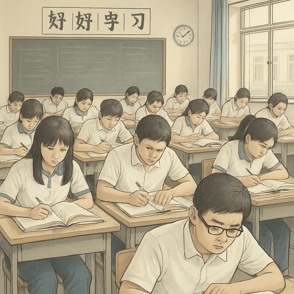 A Chinese classroom with students intensely focused on their studies, illustrating the pressure of exam-driven education. Chinese classroom highlighting exam-driven education practices.
