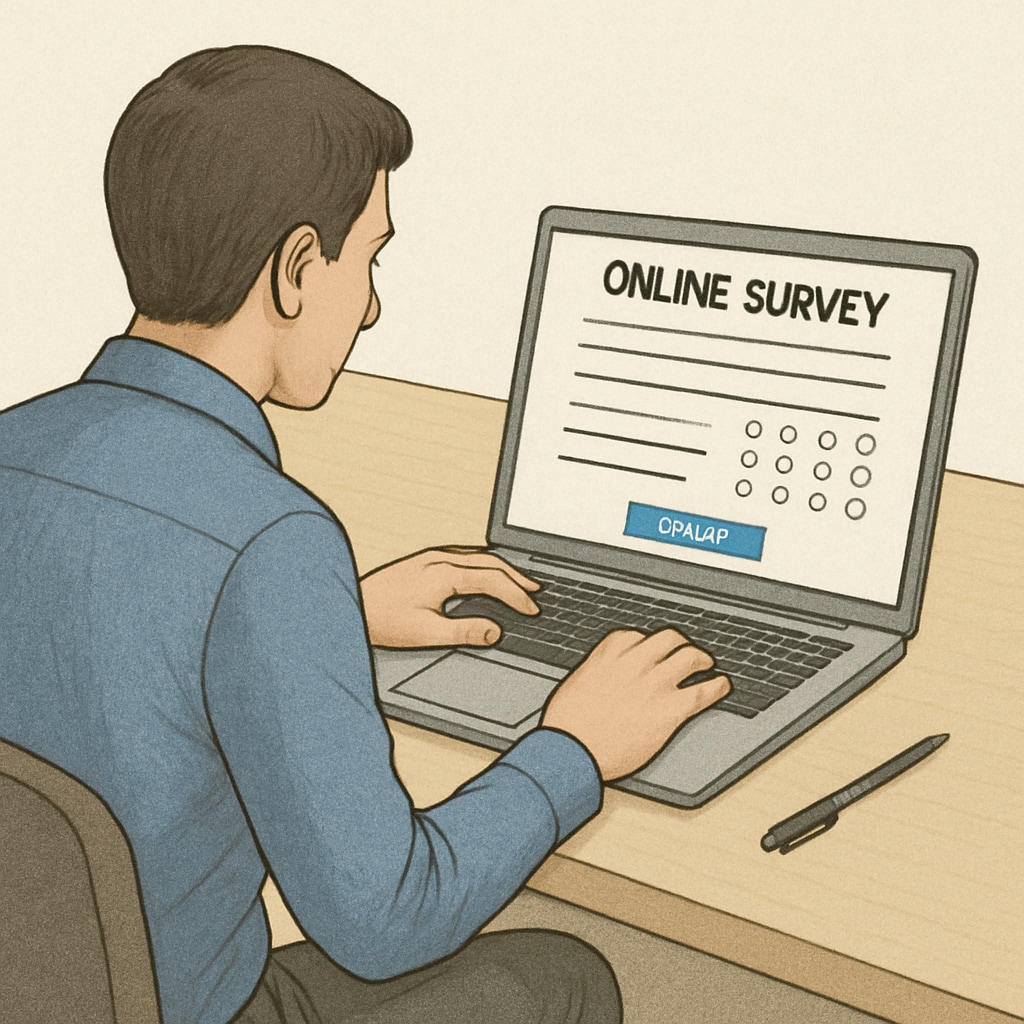 A participant filling out an online survey on a laptop. Online survey participant contributing to a master's thesis study.