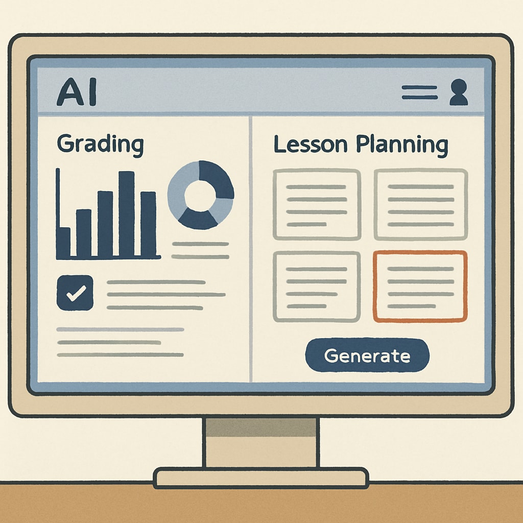 An AI-powered software interface on a teacher's computer, showing automated grading and lesson planning tools. The software screen displays charts, lesson templates, and grading progress. Automated grading and lesson planning tools on a teacher's computer using AI.