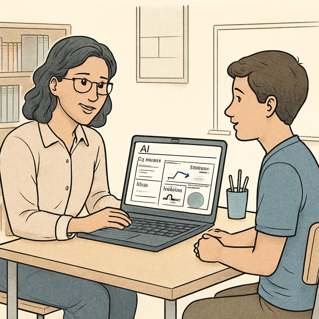 A teacher using AI-based software to analyze student performance data, while interacting with a student face-to-face. The screen shows performance metrics, and the teacher is seated beside the student. Teacher analyzing student data with AI software, maintaining face-to-face interaction.