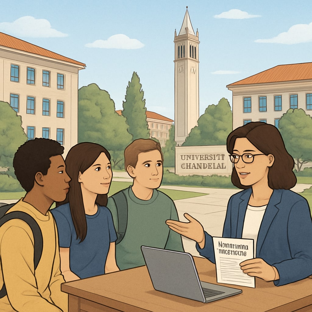 A University of California campus with students consulting with staff about academic planning. University of California consultation session for K12 students.