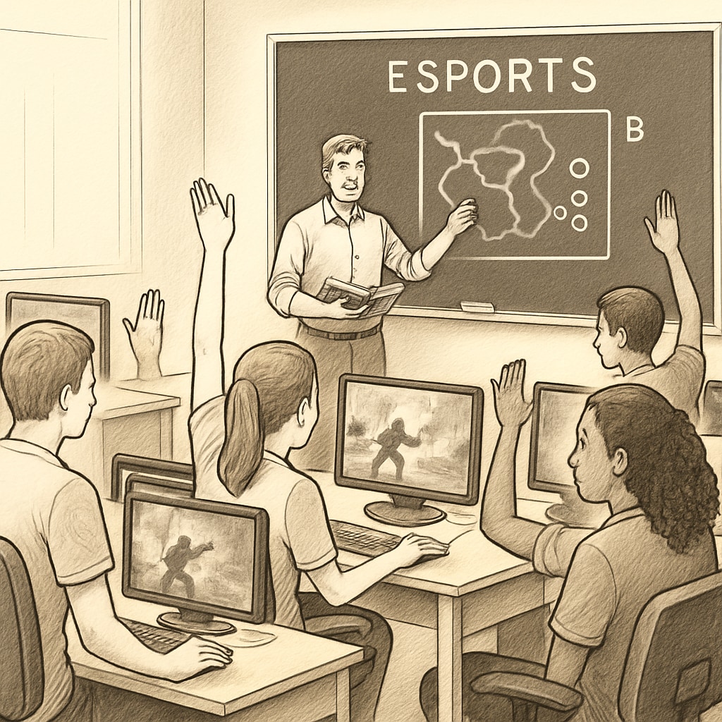 A classroom equipped with computers where students actively engage in an esports-based lesson. Students participating in a gamified esports lesson as part of educational innovation.