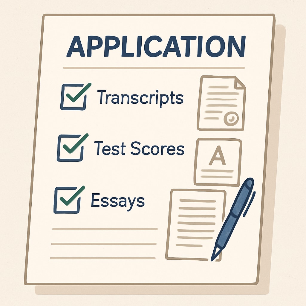 A checklist with application materials such as transcripts, test scores, and essays, symbolizing the documentation process. Application materials checklist for international data science students.
