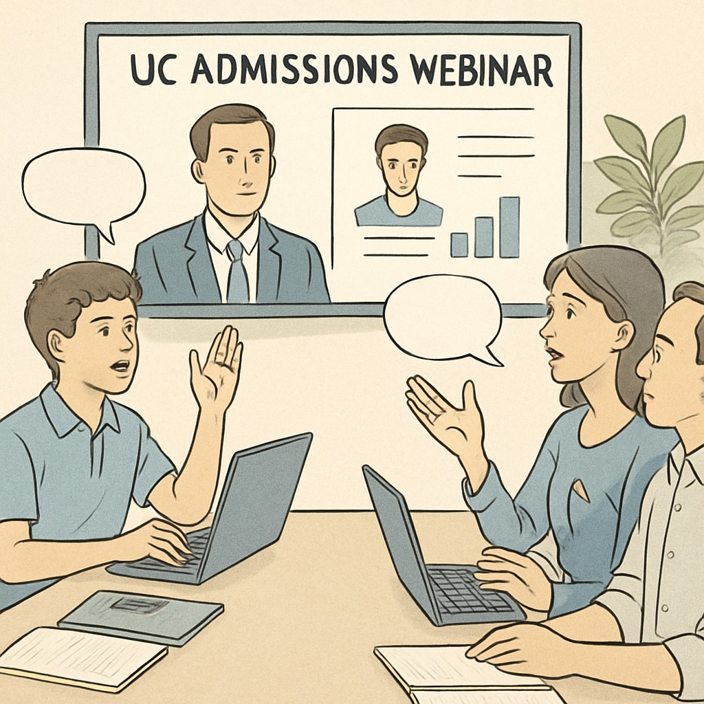 A UC admissions webinar in progress, with students and parents asking questions. University of California admissions webinar for prospective K12 students.