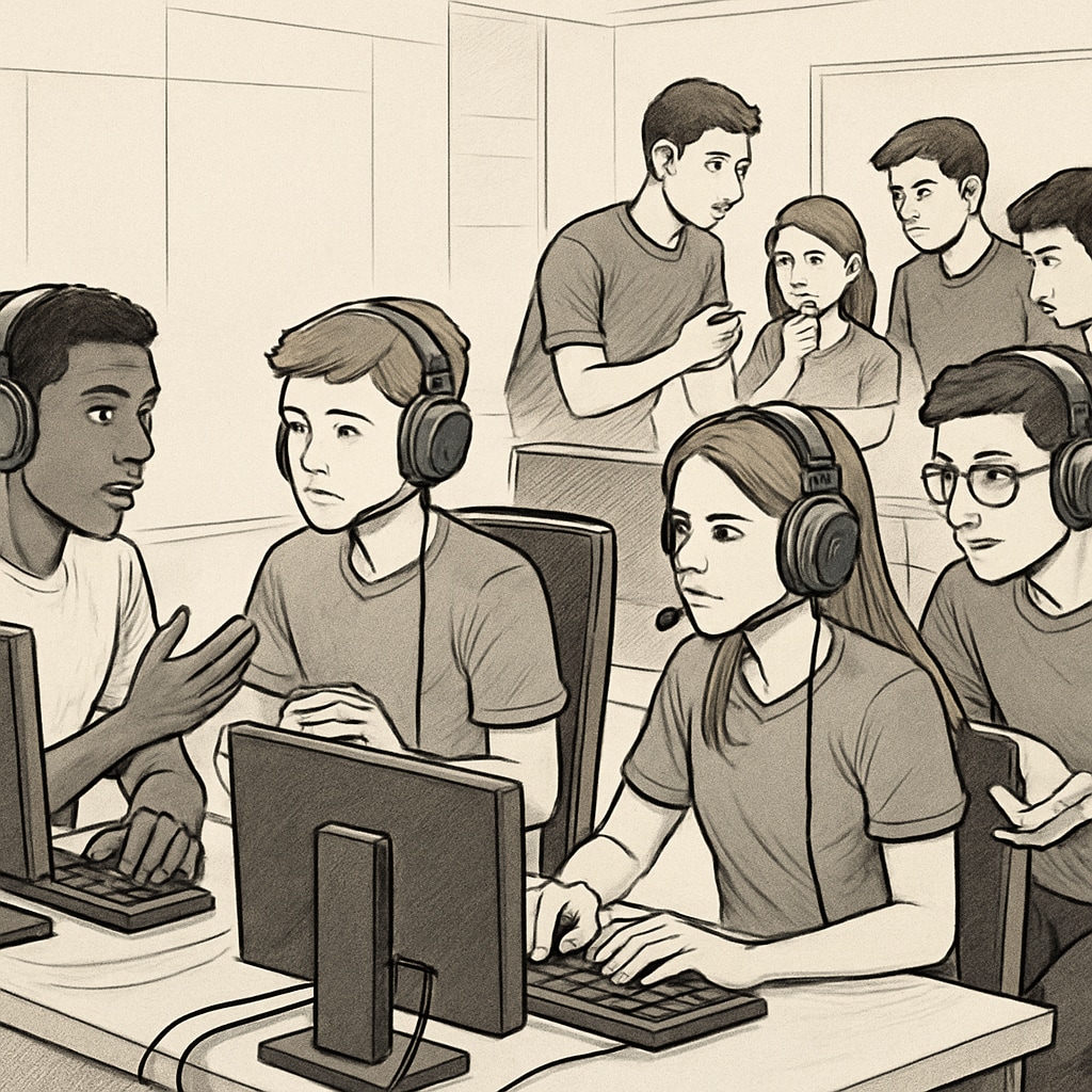 Students working collaboratively in teams during an esports competition, demonstrating communication and strategy. Students developing teamwork and strategy skills in an esports setting.