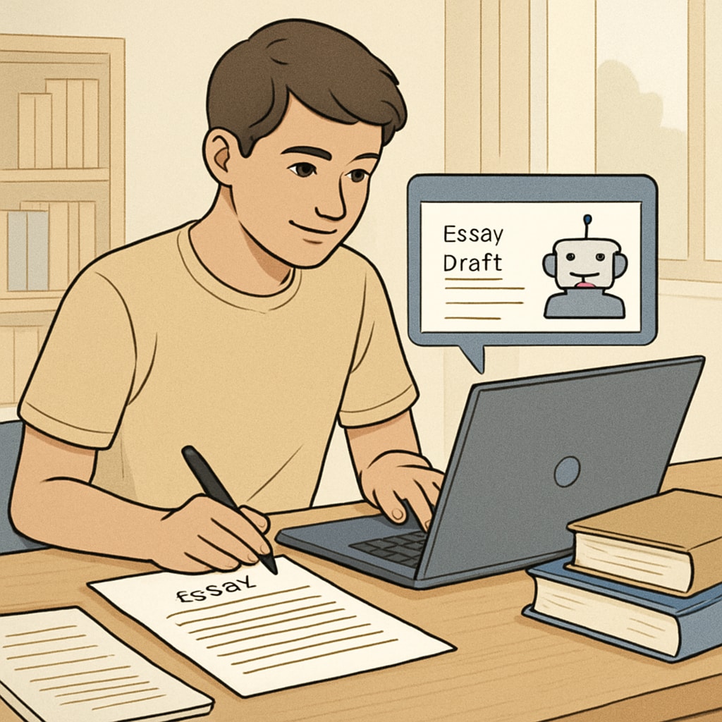 A student using ChatGPT Plus to refine an essay draft on a laptop at a desk. Student refining an essay using ChatGPT Plus, an AI subscription tool.