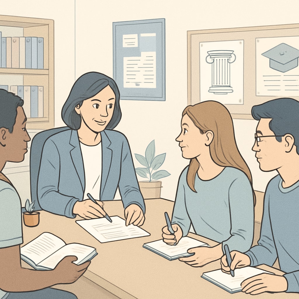 A university counselor advising a group of students about academic planning. University counseling session promoting student success traits in higher education.