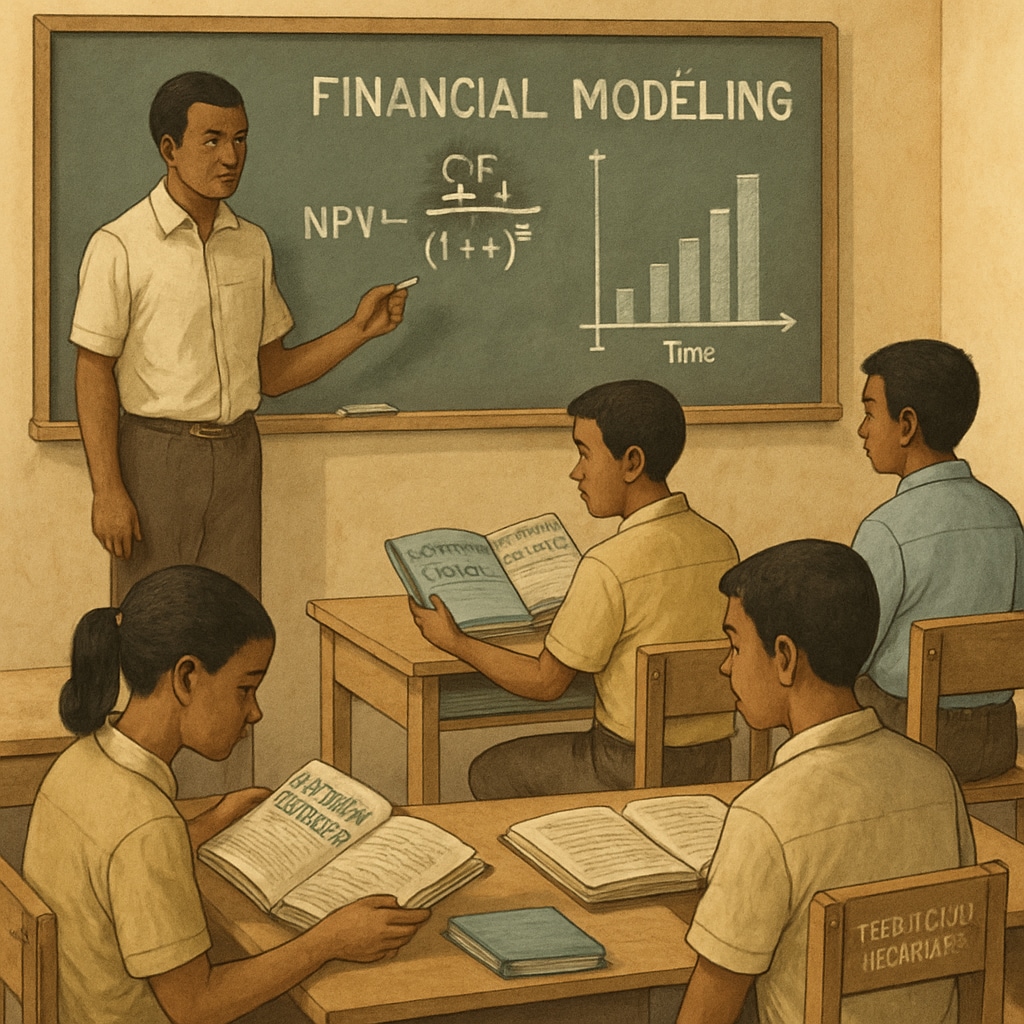 A classroom of financial students in a developing country using outdated resources to learn financial modeling. Financial education students in a classroom with limited resources.