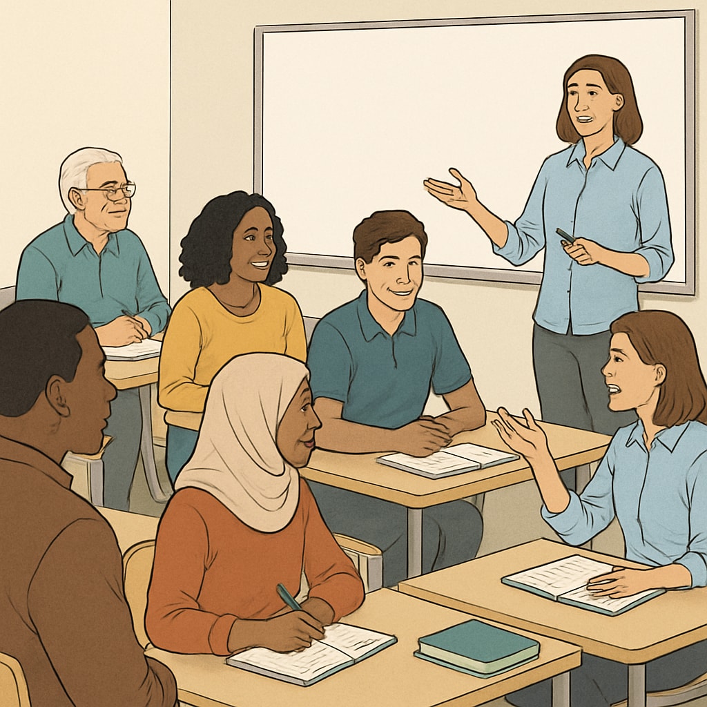 A classroom with diverse students participating in an adult learning course. Adult learning course in a classroom