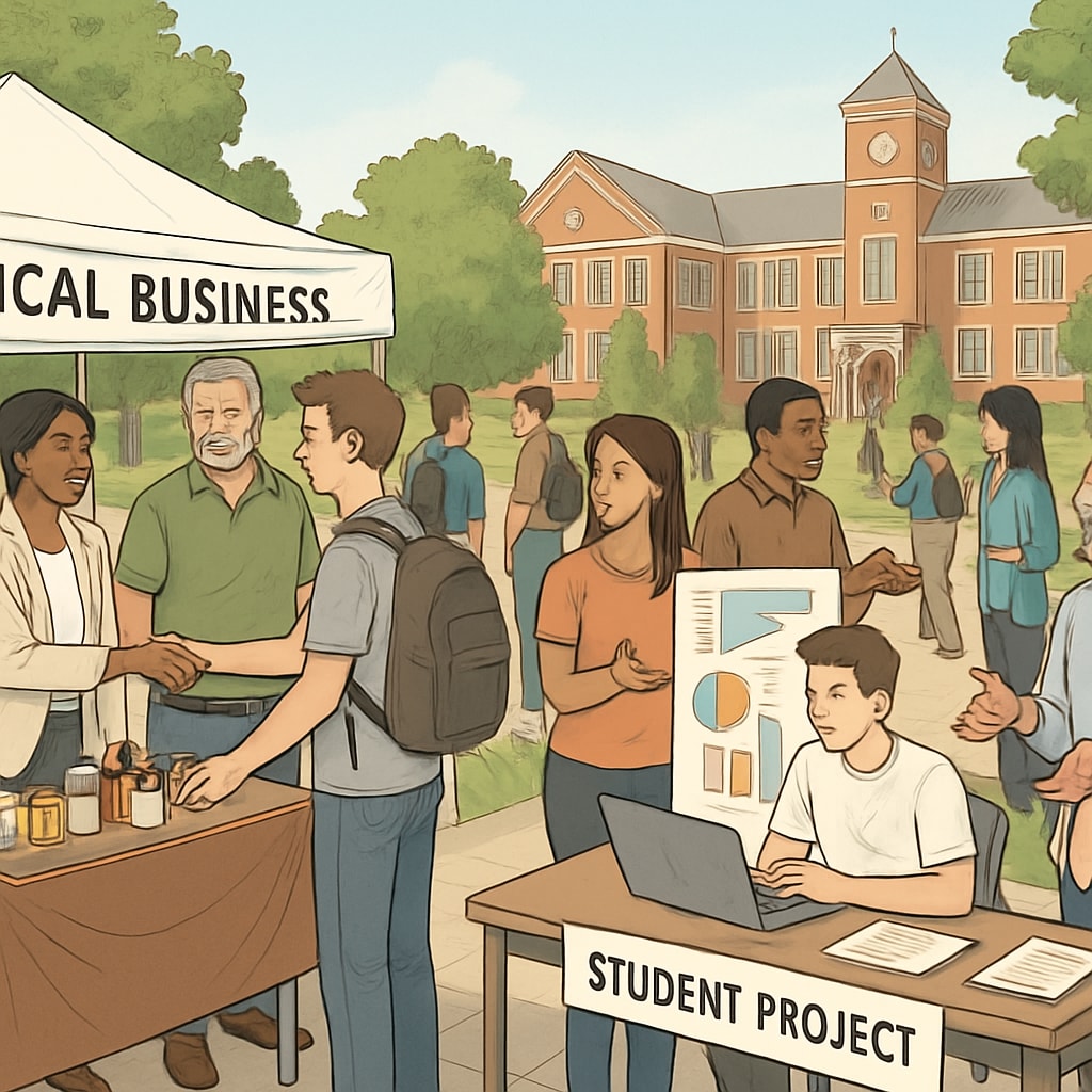 A university hosting a community event with students, parents, and local businesses. Community partnership event to improve higher education student completion rates.