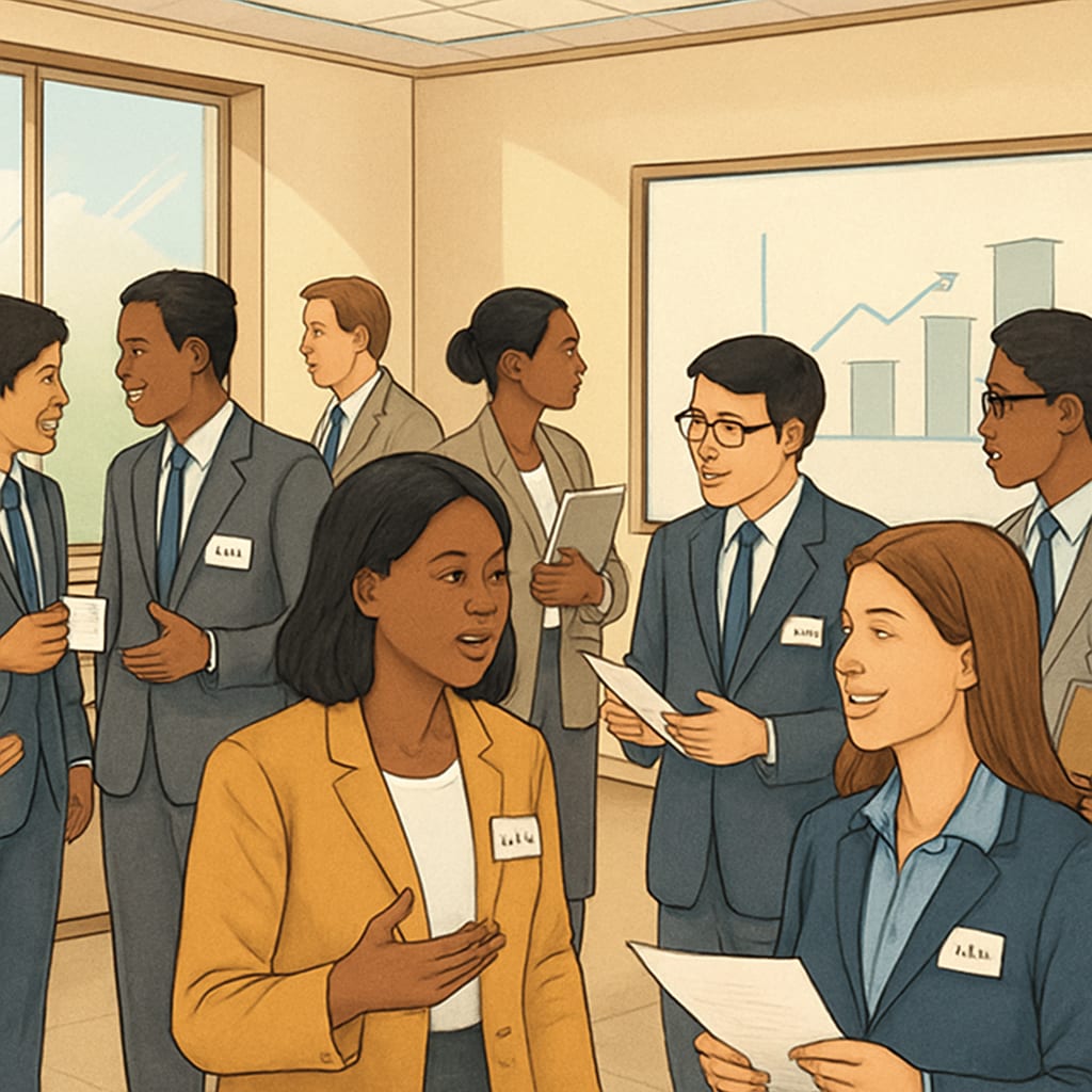 A group of young finance professionals attending a networking event in a developing country. Finance students networking at a professional event.
