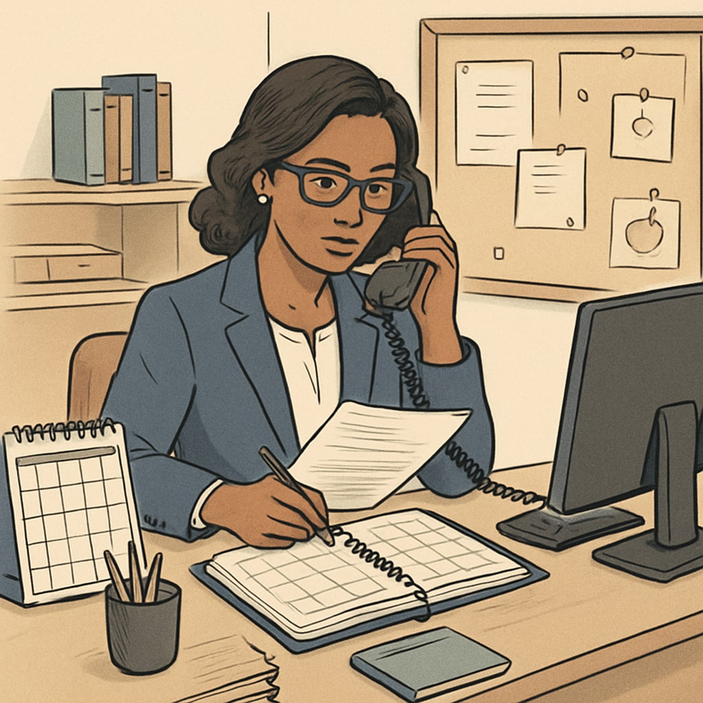 A school administrator working at her desk, coordinating schedules and communicating with staff. A school administrator managing schedules and communications in an office setting.