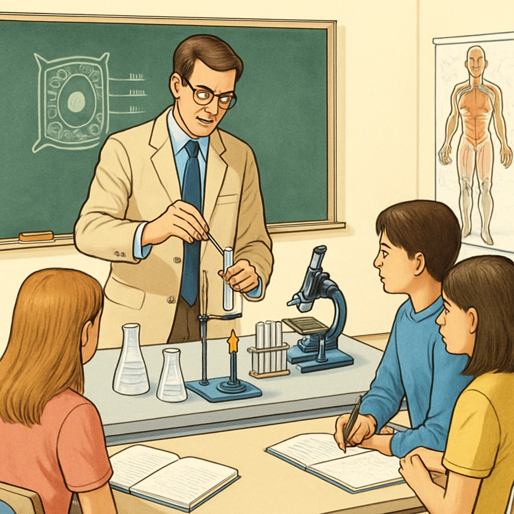A classroom where a teacher is demonstrating a biology experiment to high school students. Teacher performing a biology experiment in a classroom, showing biology to education transition in practice.