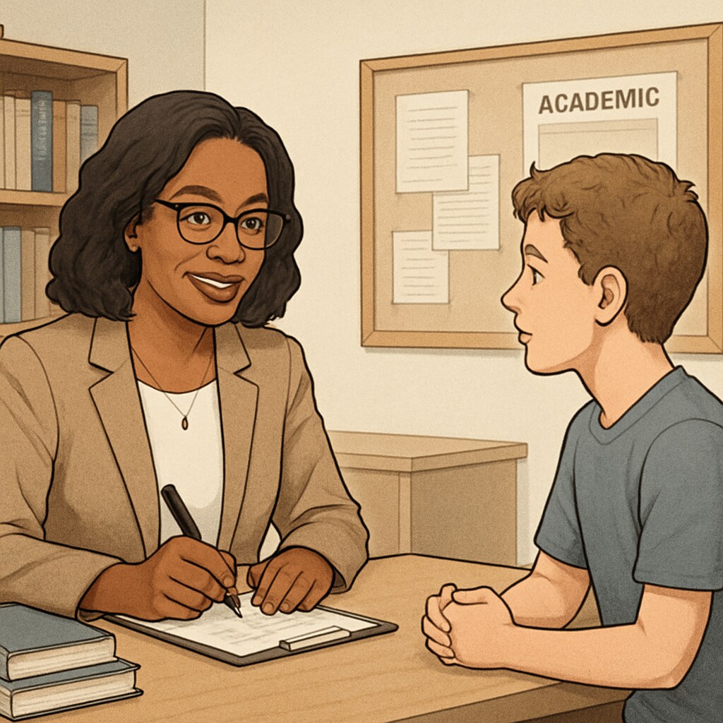 A guidance counselor meeting with a student, discussing academic and personal growth. A guidance counselor assisting a student with academic and personal decisions.