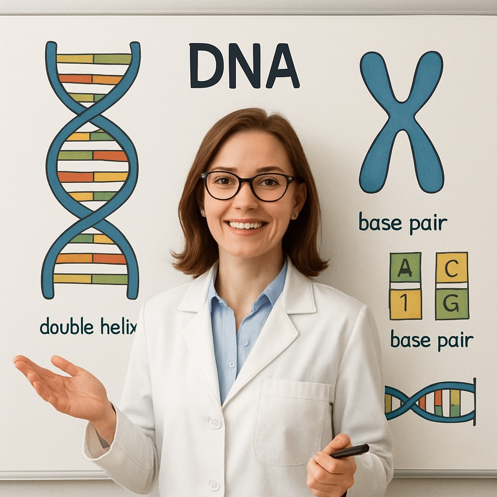 A smiling teacher in a lab coat standing in front of a whiteboard with diagrams of DNA. Educator with biology background teaching DNA concepts, illustrating the biology to education career path.