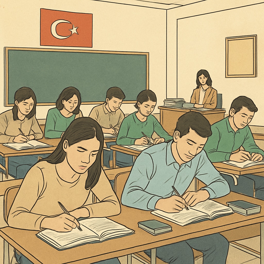 Students in Turkey preparing for centralized exams in a classroom setting. The image depicts a group of high school students focusing on their studies, reflecting the exam-centric education system. Turkish students preparing for exams in a classroom, highlighting exam pressure.