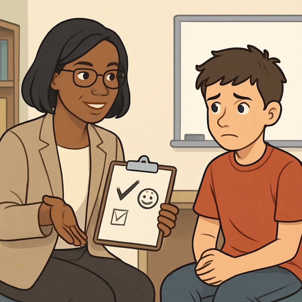 A specialized behavior correction session with a counselor and a student working together, illustrating the supportive strategies for disruptive learners. A behavior correction session with a counselor addressing disruptive student behavior.