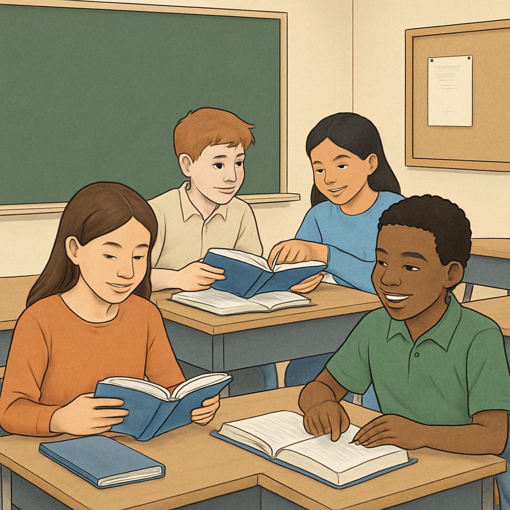 A classroom scene with students reading books together, emphasizing collaborative learning. Students reading together in a classroom setting, fostering reading comprehension and interest.