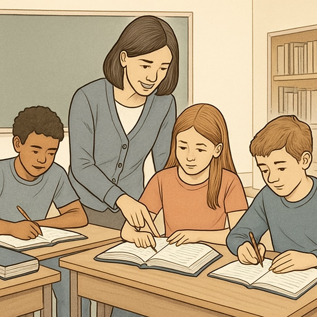 A teacher helping a group of middle school students focus on their homework in a classroom setting. A teacher assisting middle school students with homework in a classroom, showcasing adolescent learning motivation.