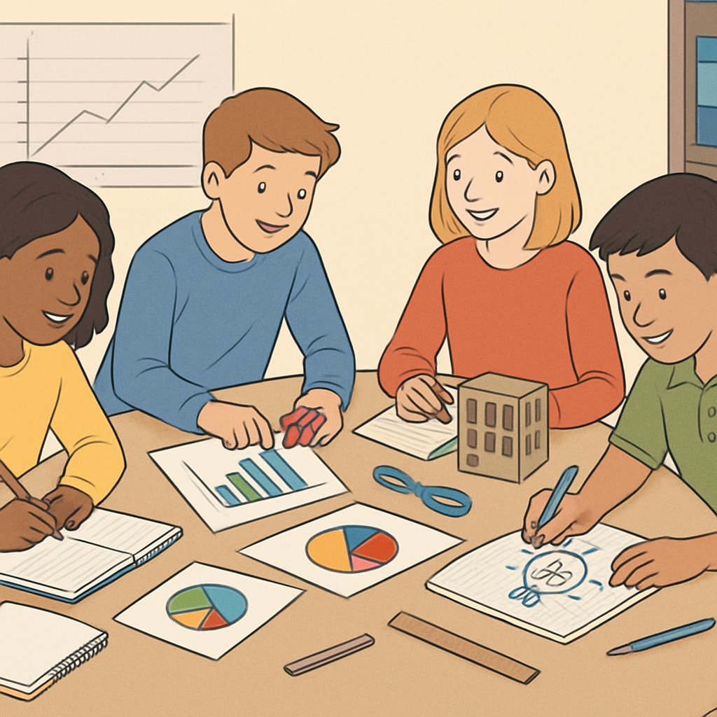 A diverse group of students engaged in project-based learning activities. The image illustrates an alternative education model emphasizing collaborative and personalized learning. Students participating in project-based learning, showcasing personalized education.