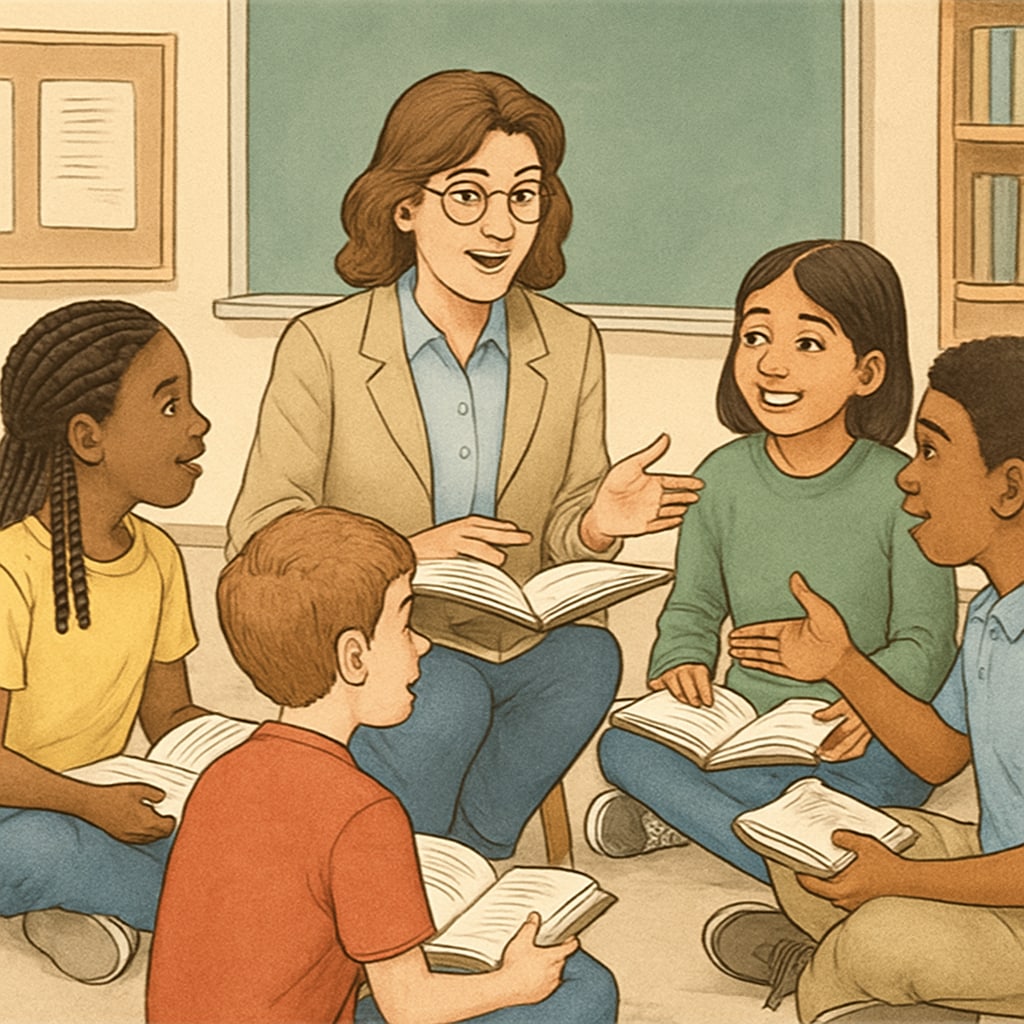 A teacher and students in a reading circle, discussing a book enthusiastically. A teacher leading a book discussion with students, encouraging engagement and comprehension.