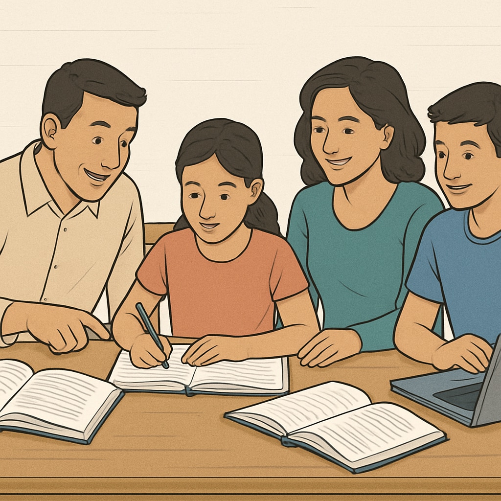 A family discussing homework together at the dining table, with books and laptops visible. A family sitting at a table discussing schoolwork and healthy habits, emphasizing family education support.