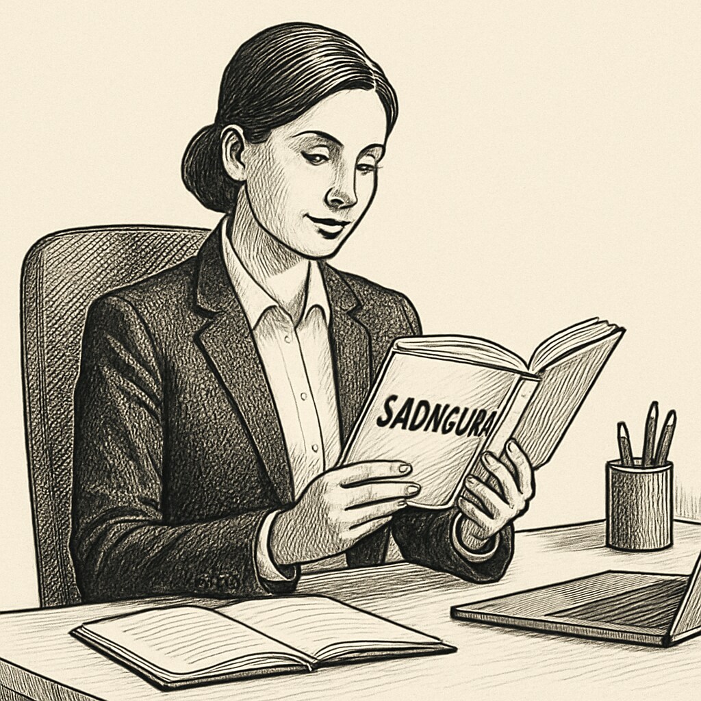 A professional woman in a business setting reading a book by Sadhguru, emphasizing mindfulness and leadership. Professional woman reading Sadhguru’s book on leadership and mindfulness