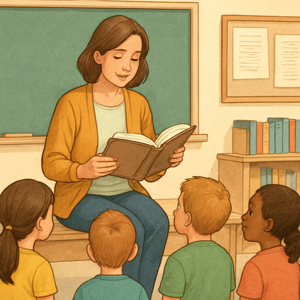A teacher reading a book aloud to students in a classroom, representing engagement in reading comprehension activities. A teacher reading to students, highlighting reading comprehension and text engagement.