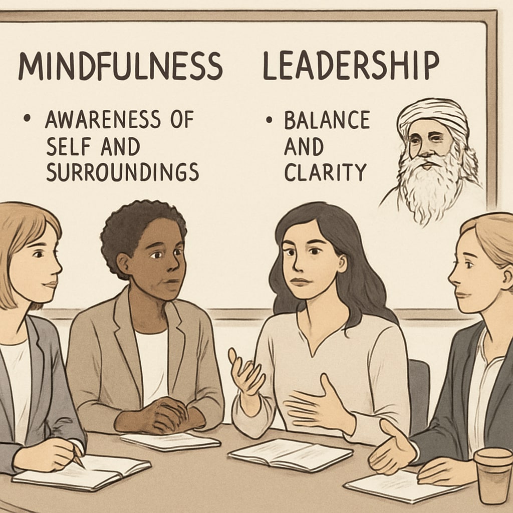 A group of businesswomen in a workshop setting, discussing mindfulness and leadership inspired by Sadhguru’s teachings. Businesswomen in a workshop discussing Sadhguru’s teachings