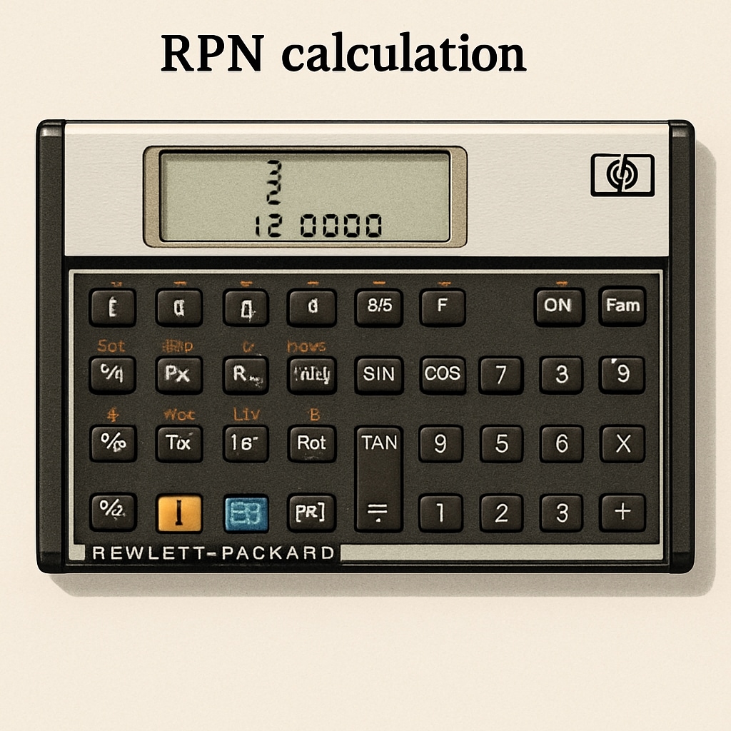 A technical image showing an HP 11c calculator with an example calculation process using RPN logic. HP 11c calculator demonstrating RPN calculation logic for mathematical computation.