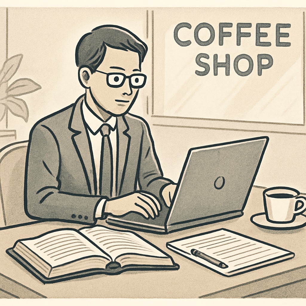 A professional working on a laptop in a coffee shop, with textbooks and notes beside them, symbolizing the balance between work and study. A professional balancing work and study with a laptop and textbooks, representing time management.