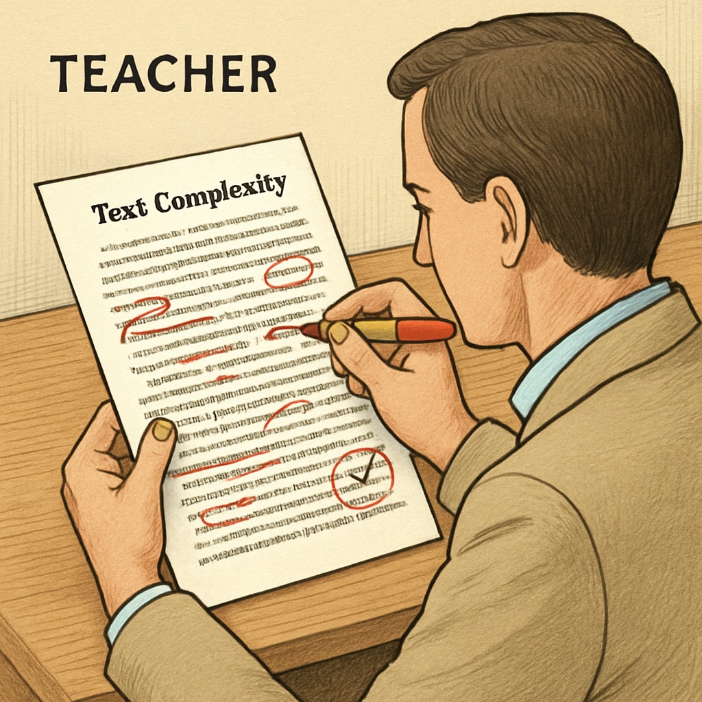 A close-up of a teacher reviewing a text with annotations, symbolizing the evaluation process in text complexity research. Teacher reviewing a text for reading comprehension research.
